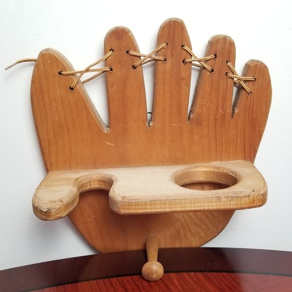 Vintage wooden baseball glove, bat & mit holder